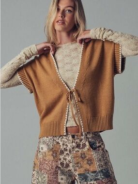 Crochet Trim Tie Front Knit Vest
